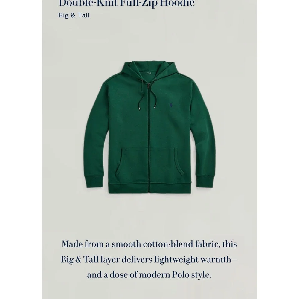 Polo Ralph Lauren Mens 3XLT Green Full-Zip Hoodie New Double-Knit Big & Tall